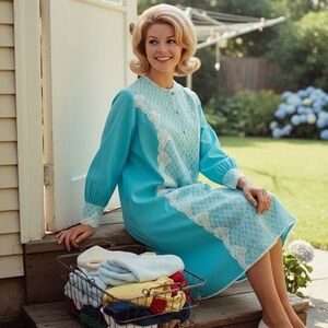 Vintage 1960s Blue Lace Panel House Dress Robe Mod Lounge Dress, fits Medium